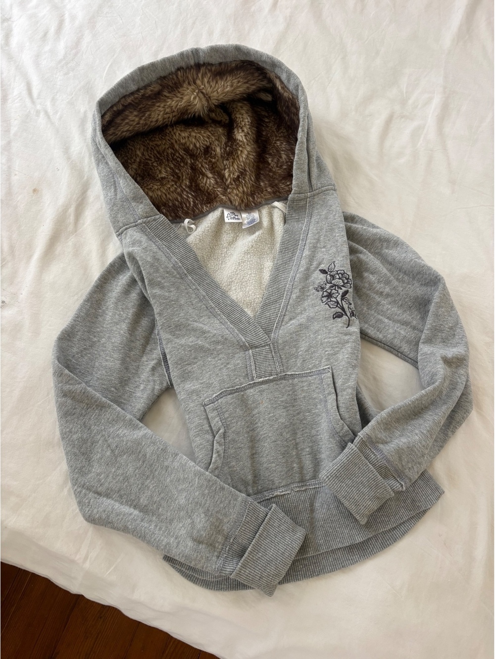 Abercrombie style gray hoodie with faux fur hood